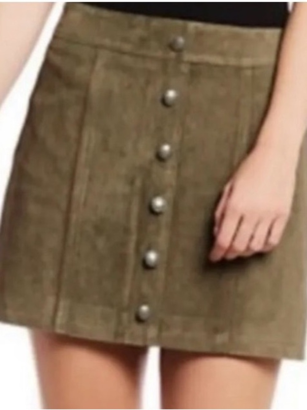 Gianni Bini 100% Leather Suede Mini Skirt M Olive Green Button A-Line